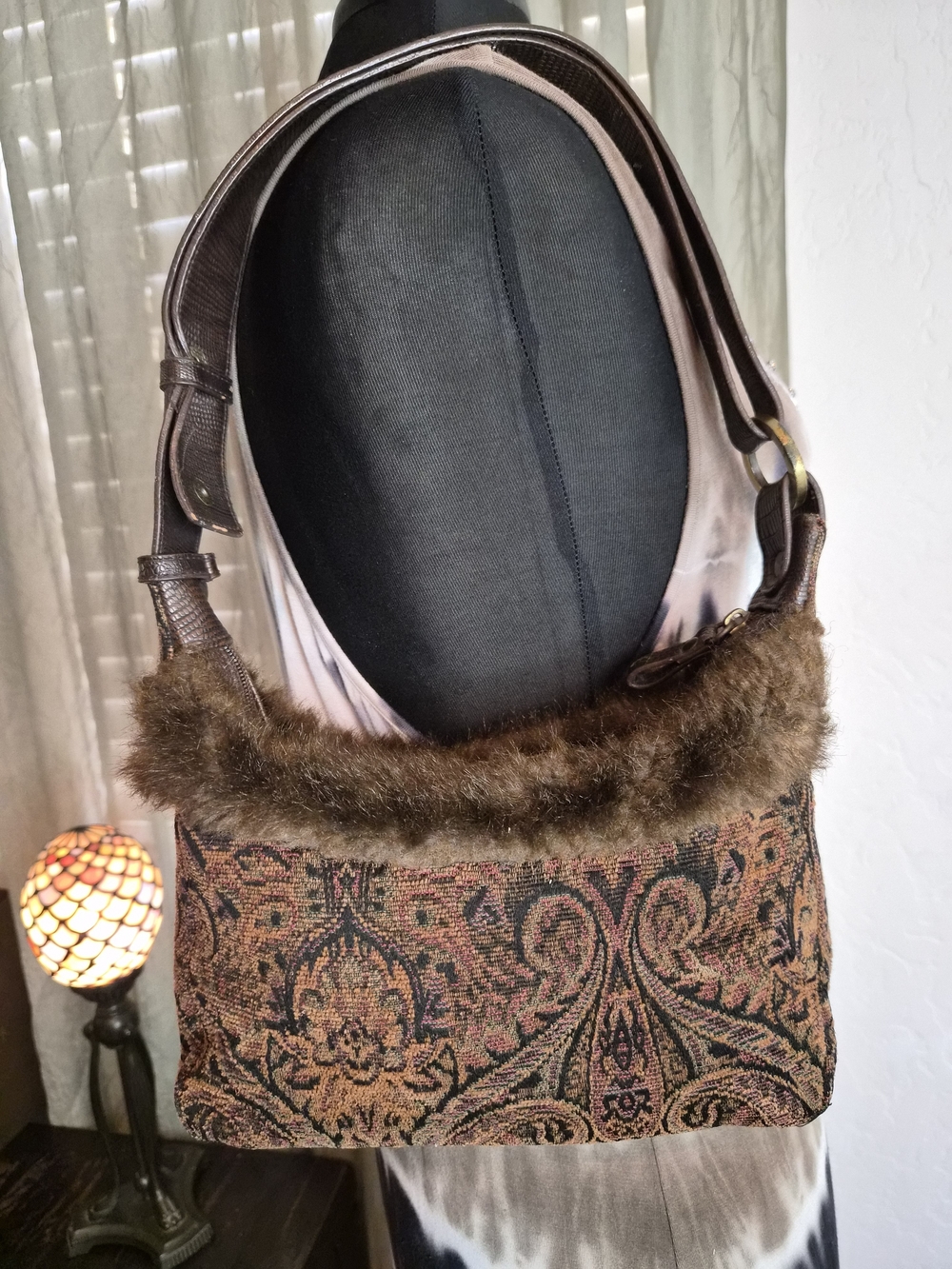 RARE Vintage "Bueno of California" Tapestry Shoulder Bag w/ Faux Fur Trim
